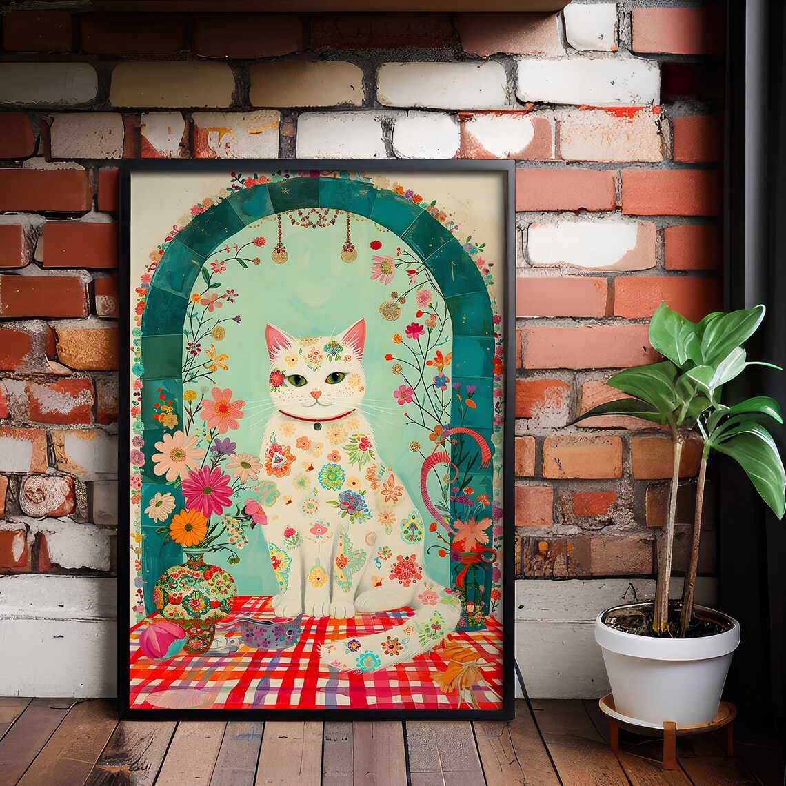 Floral White Cat Folk Art Garden Archway Whimsical Animal Poster
