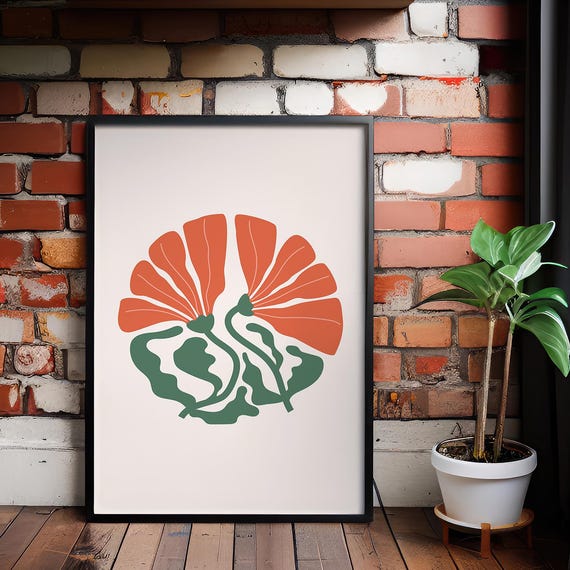 Orange Floral Canvas Print Minimalist Botanical Wall Art
