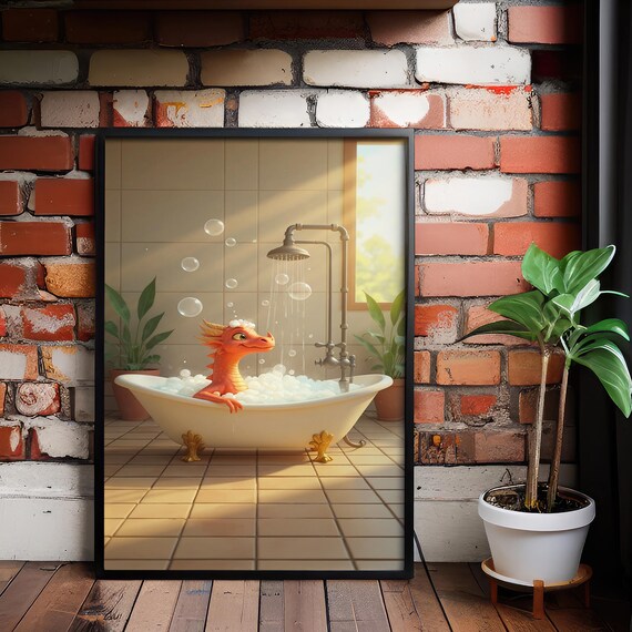 Cute Baby Dragon Bubble Bath Whimsical Fantasy Nursery Poster