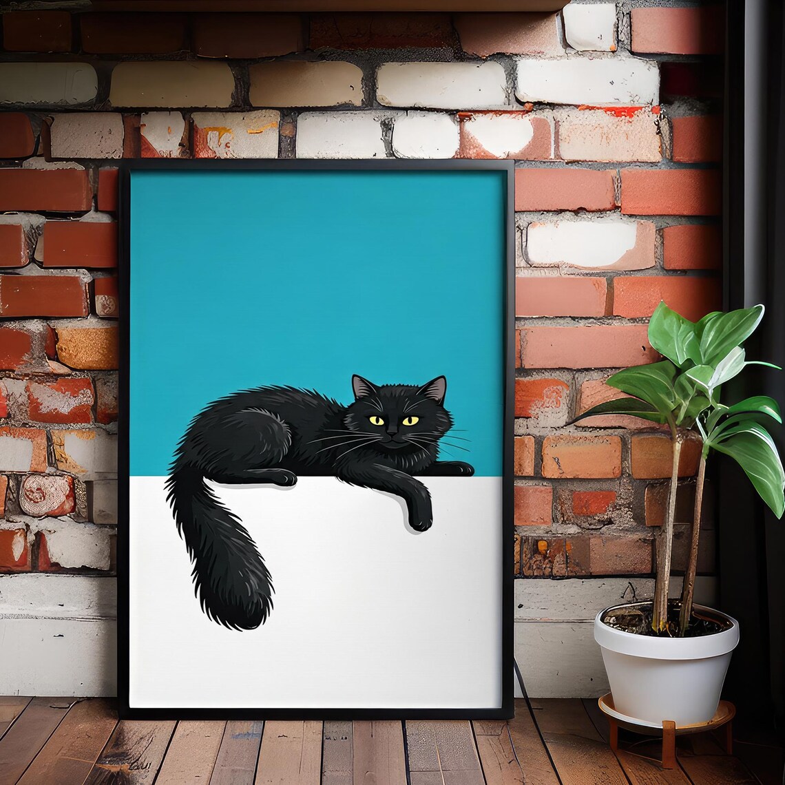 Black Cat Yellow Eyes Turquoise Minimalist Feline Art Poster