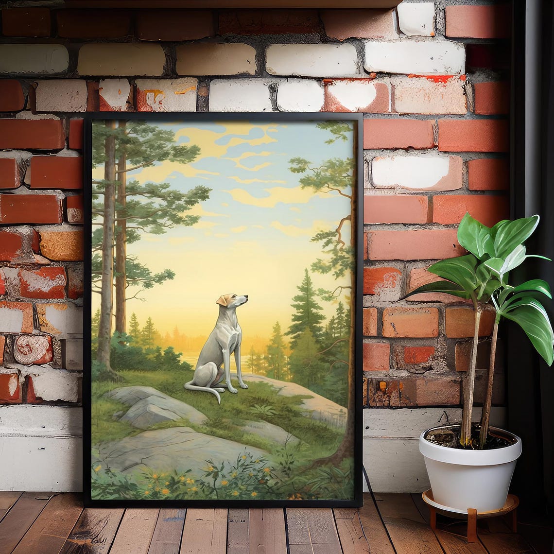Dog Sitting In Pine Forest At Sunset Serene Nature Art Poster