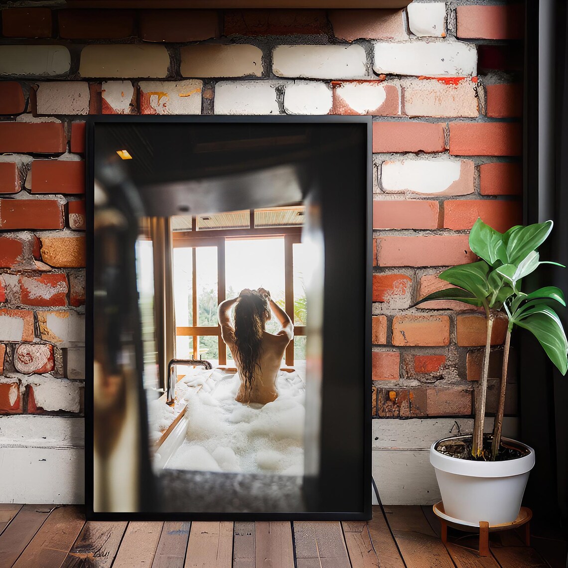 Woman Enjoying Bubble Bath in Sunlit Bathroom Relaxing Spa Photo Poster