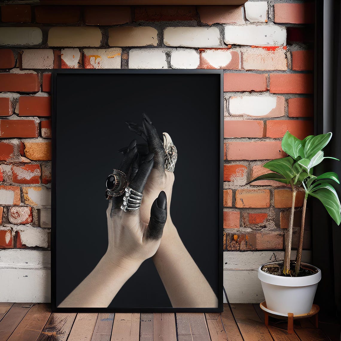 Gothic Hands With Chunky Silver Rings Black Nails Dark Fashion Poster