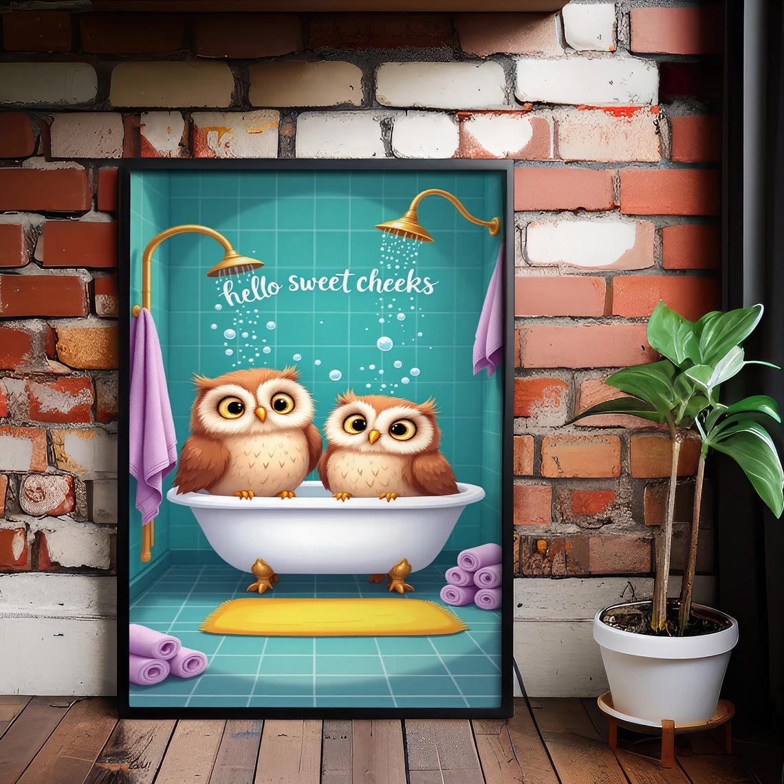 Two Owls Bathtub Hello Sweet Cheeks Funny Bathroom Art Poster