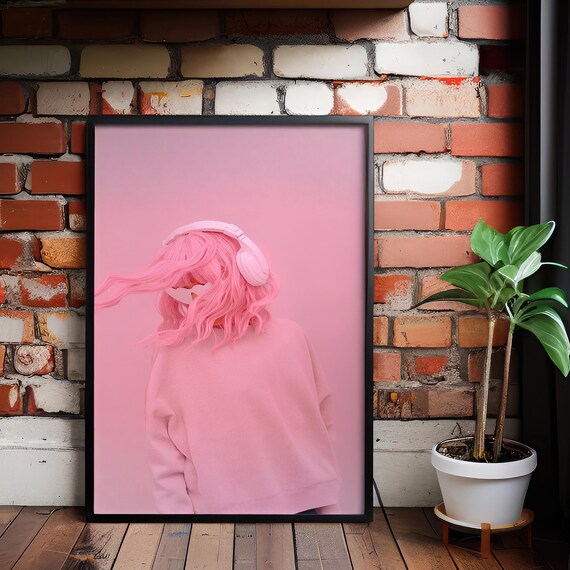 Pink Hair Girl with Headphones Pop Art Poster Bold Retro Y2K Style
