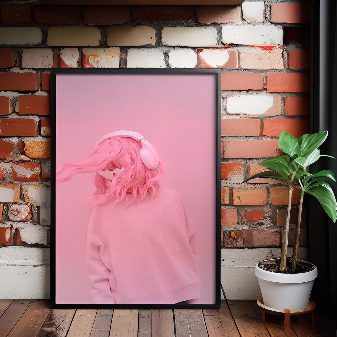 Pink Hair Girl with Headphones Pop Art Poster Bold Retro Y2K Style