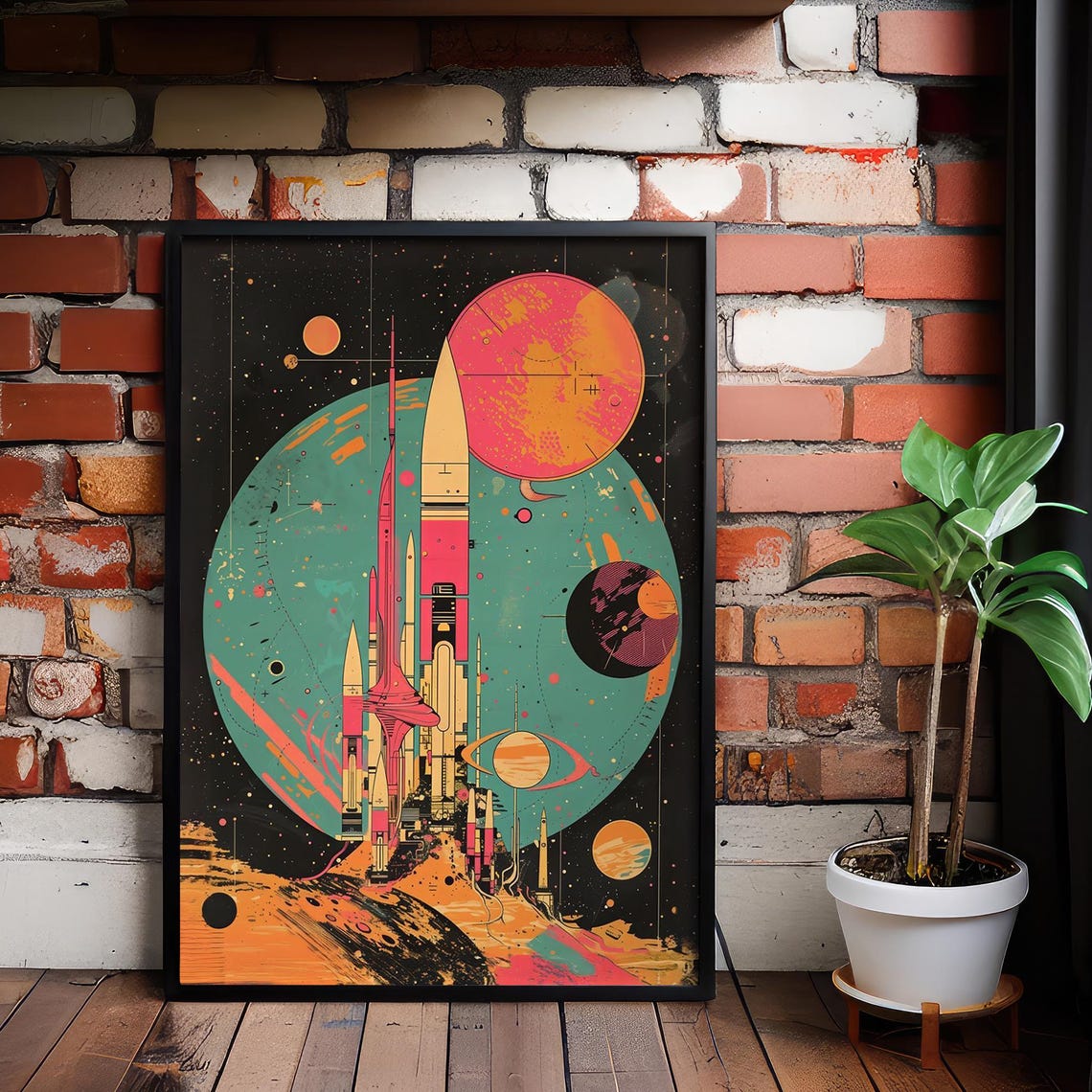 Retro Rocket Ship Launch Space Planets Sci Fi Teal Art Poster