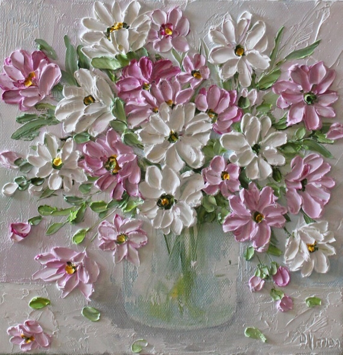 Custom White and Pink Daisy Still Life, Oil Impasto Art Print - Image 5