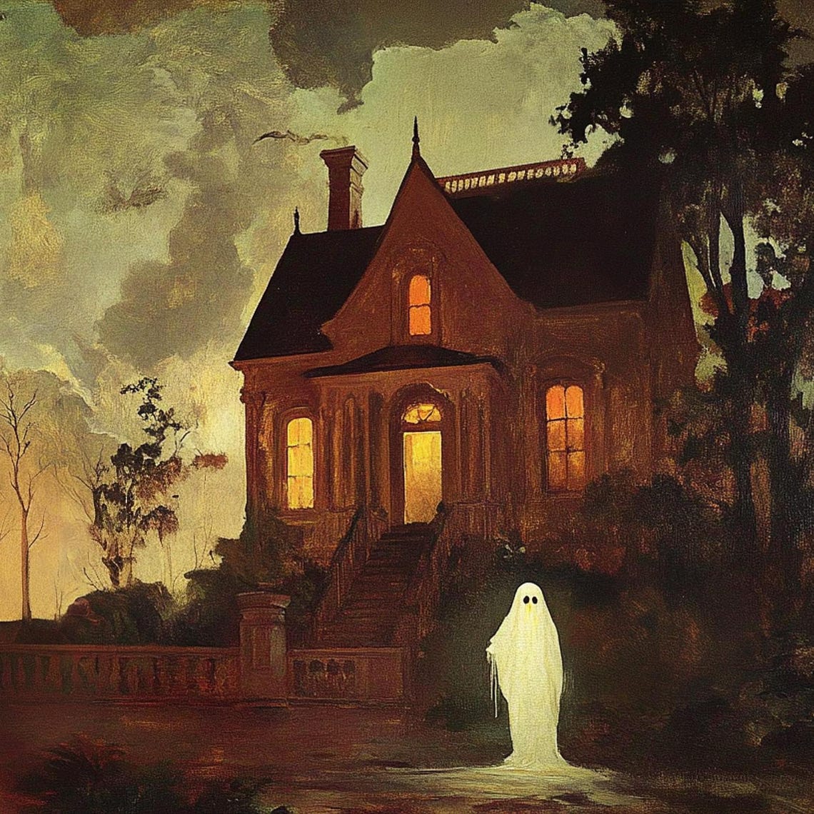 Spooky Victorian House Ghost Steps Eerie Dusk Oil Painting Poster - Image 2