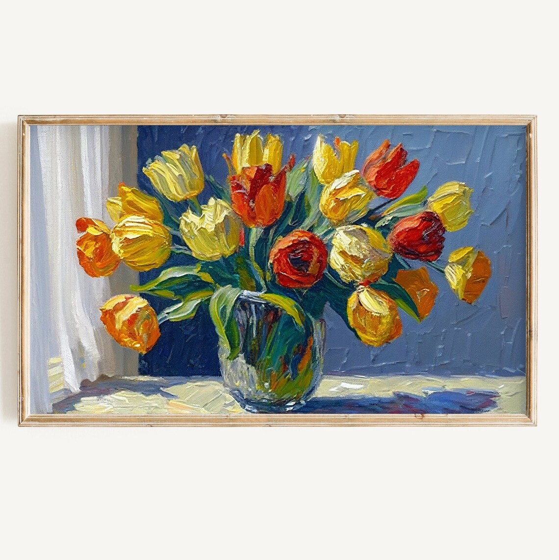 Impressionist Tulip Bouquet In Glass Vase Yellow Orange Blue Wall Poster