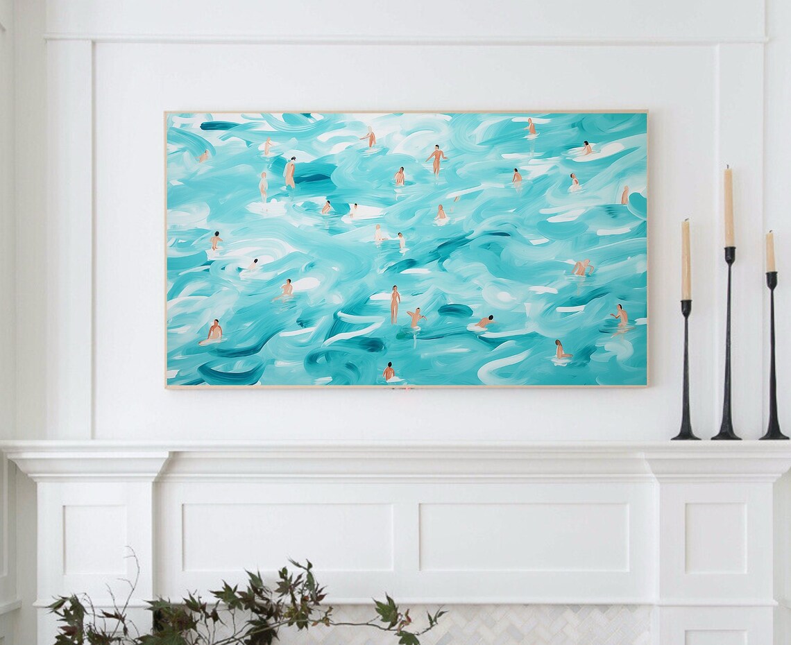 Abstract Turquoise Ocean With Tiny Swimmers Modern Pop Art Beach Poster - Image 3