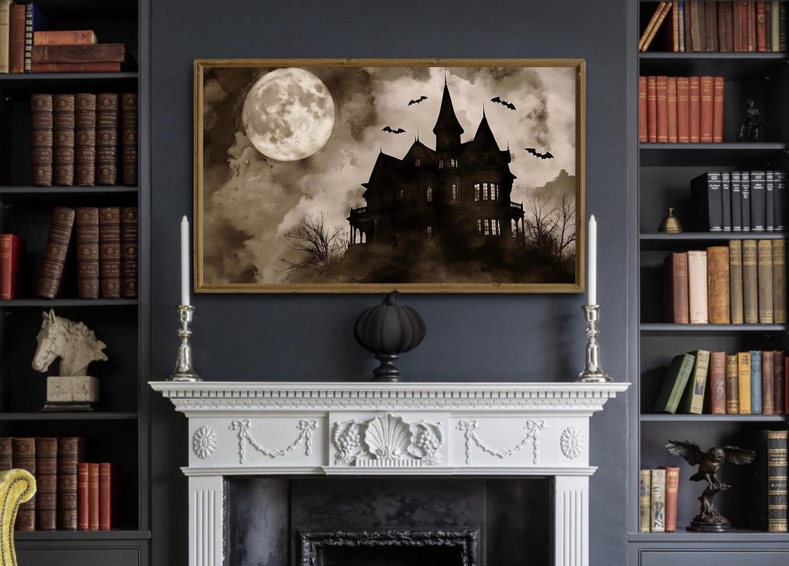 Sepia Haunted Mansion Full Moon Bats Misty Halloween Night Poster - Image 2