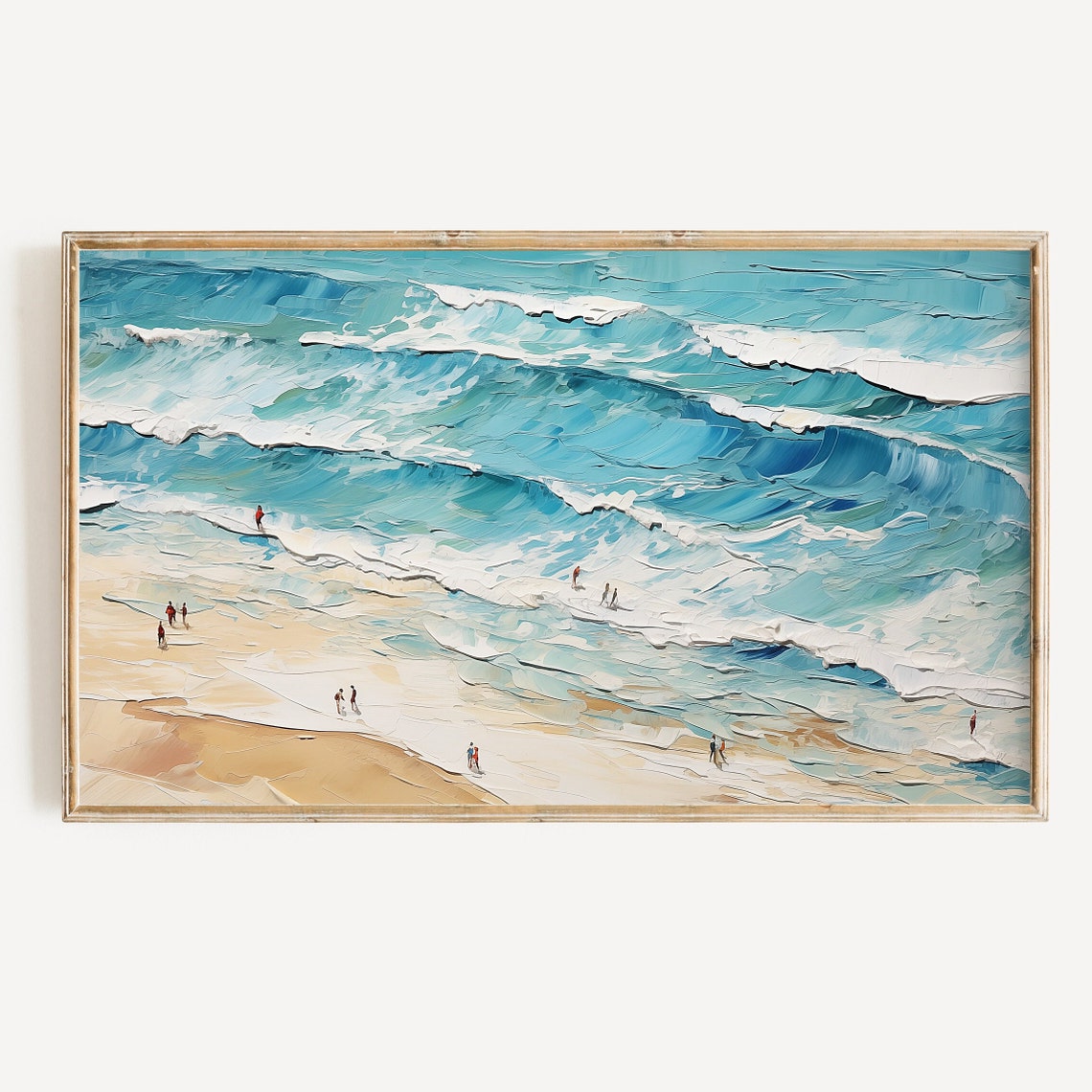 Abstract Textured Turquoise Waves Sandy Shore Beach Figures Wall Art