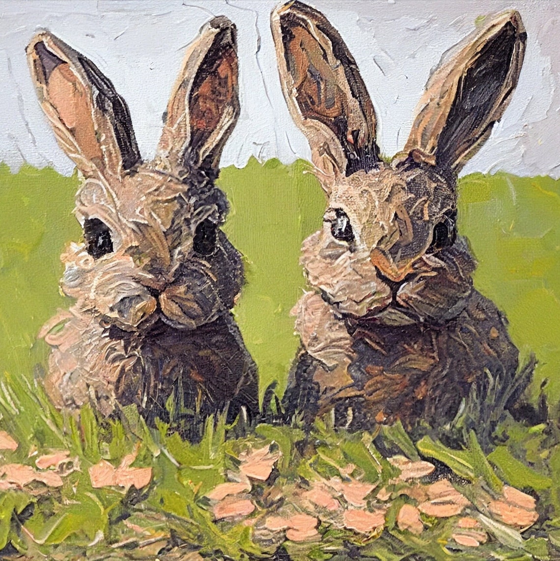 Two Bunnies In Spring Grass Textured Rustic Rabbit Painting Poster - Image 5