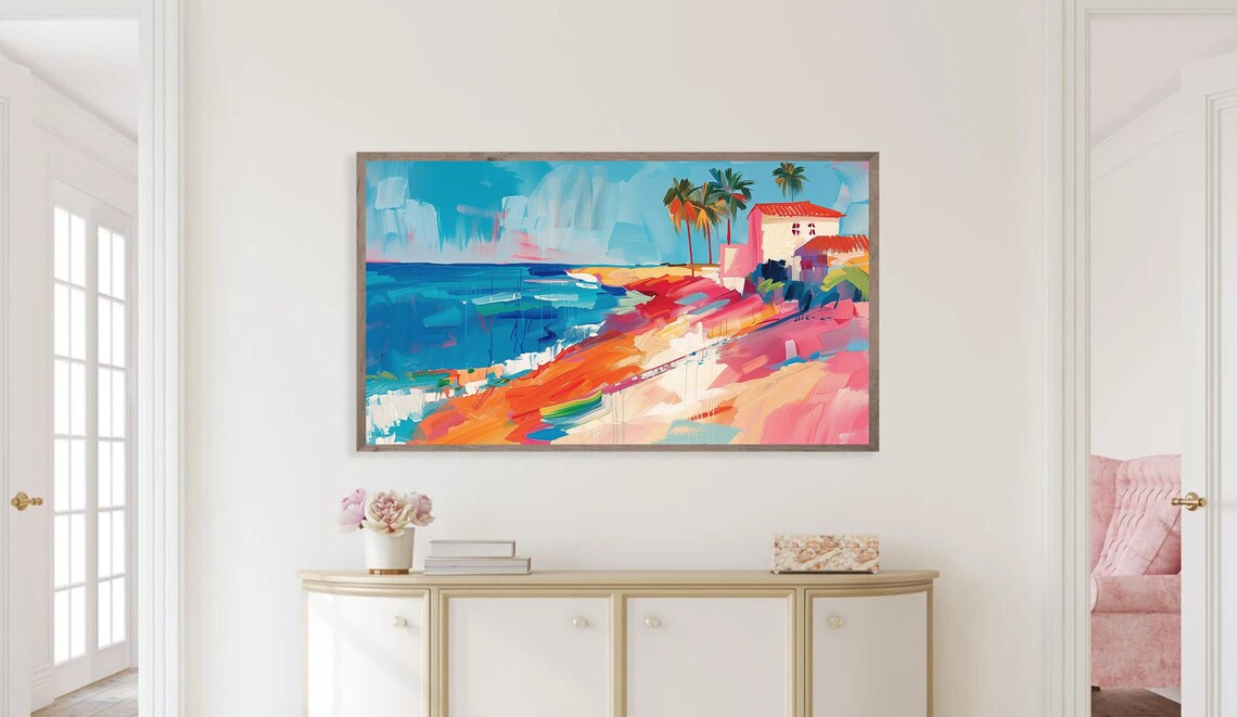 Tropical Beach House Palm Trees Colorful Textured Seascape Poster - Image 4