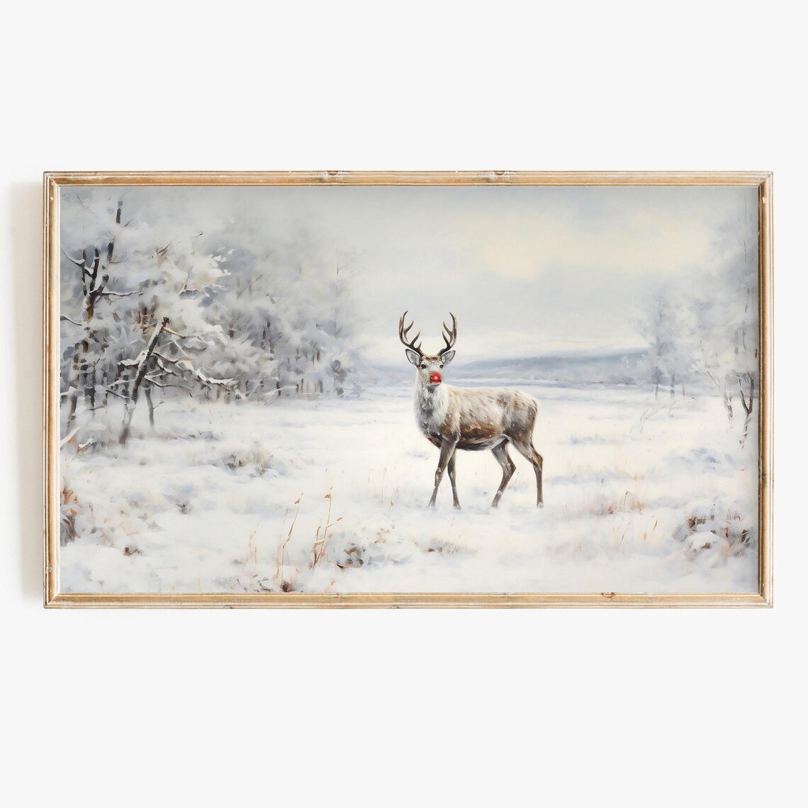 Vintage Christmas Reindeer Red Nose Snowy Winter Landscape Poster
