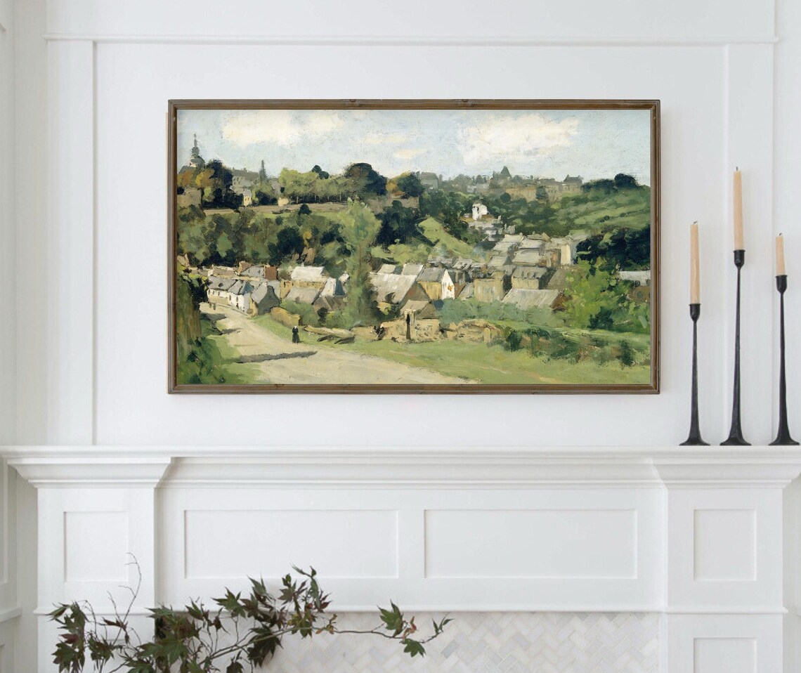 Vintage European Hilltop Village Landscape Cozy Oil Painting Poster - Image 4