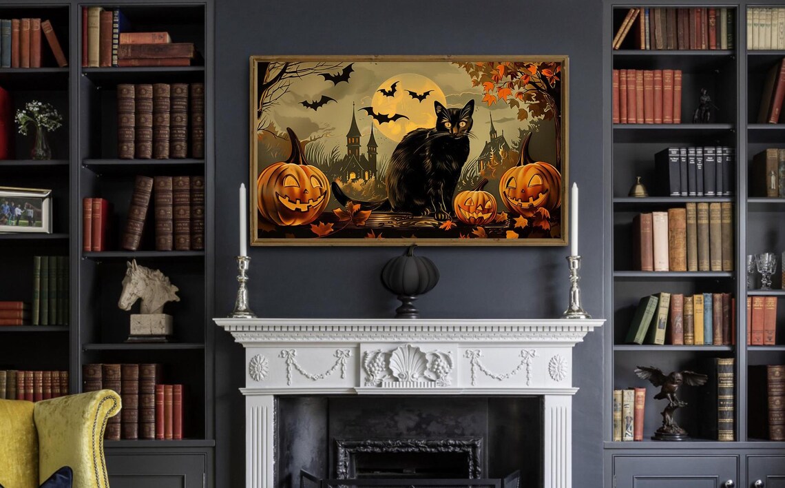 Halloween Black Cat Vintage Classic Art Print - Image 3