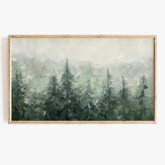 Winter Pine Tree Painting, Minimalist Rustic Landscape