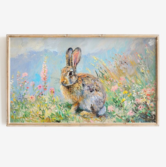 Colorful Bunny In Wildflower Meadow Impressionist Rabbit Art Poster