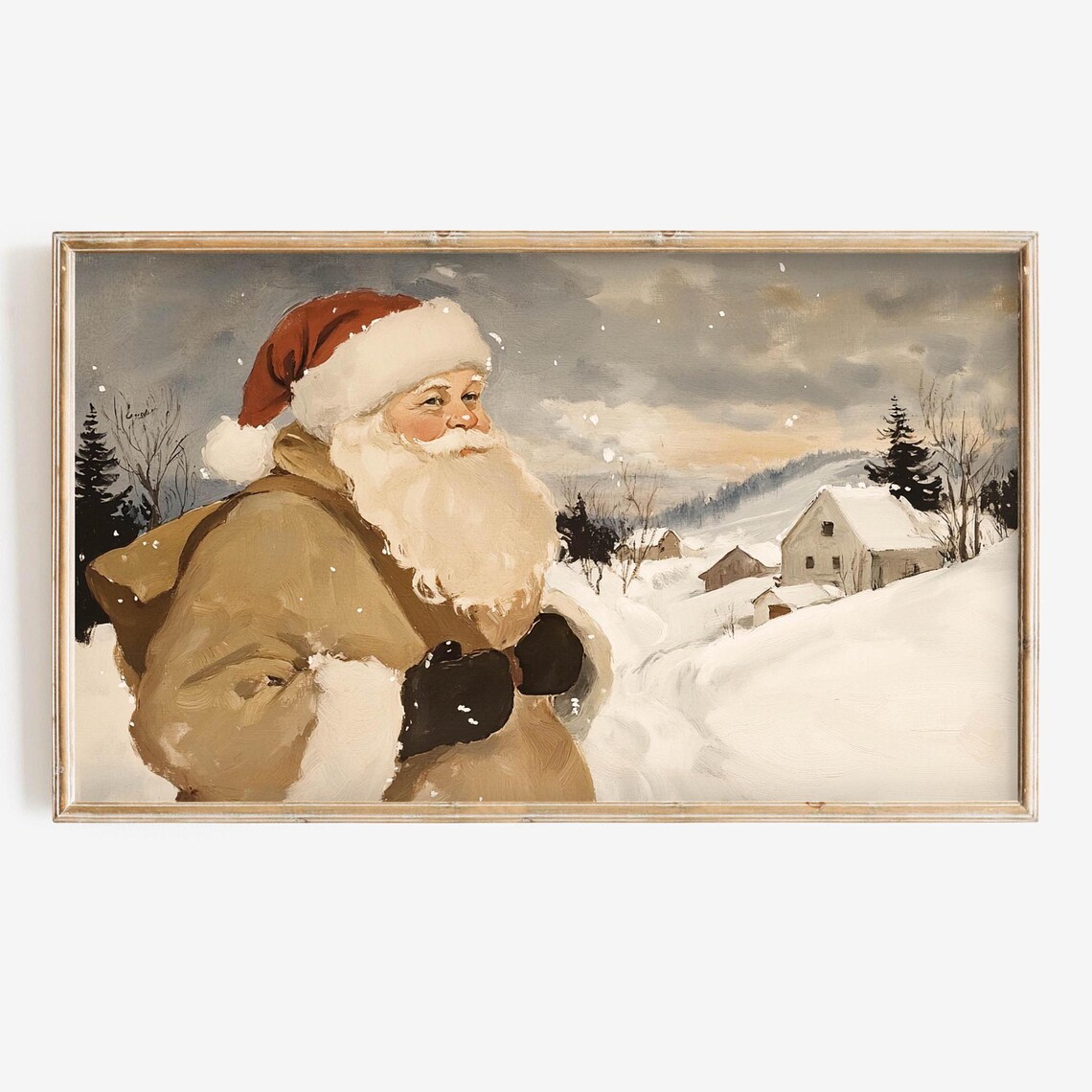 Vintage Saint Nick Santa Portrait Snowy Village Neutral Tones Poster