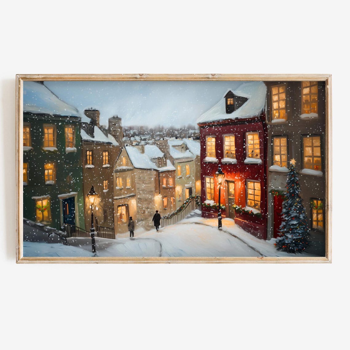 Snowy Village Street Dusk Glowing Windows Christmas Tree Scene Poster
