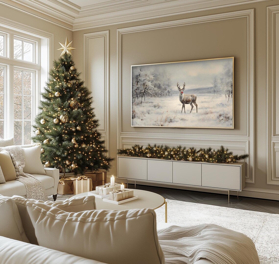 Vintage Christmas Reindeer Red Nose Snowy Winter Landscape Poster - Image 2