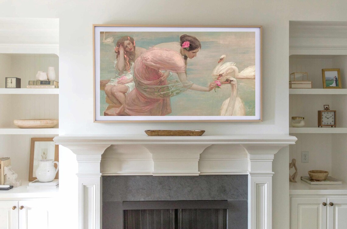 Vintage Women With Swans Feeding Rose Whimsical Swan Painting Poster - Image 4
