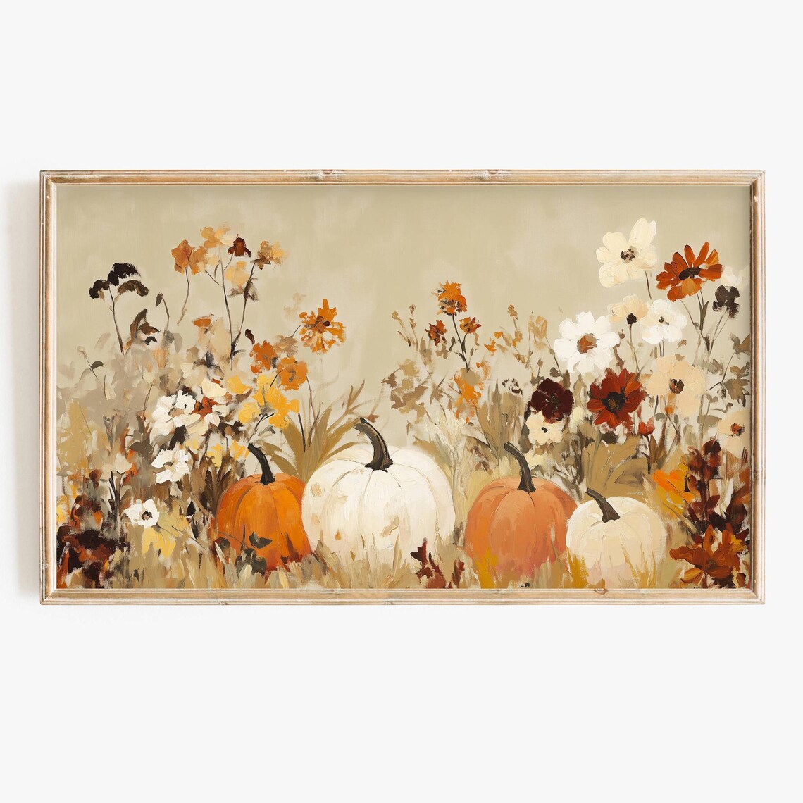 Fall Pumpkin Wildflower Painting, Autumn Floral Art Print