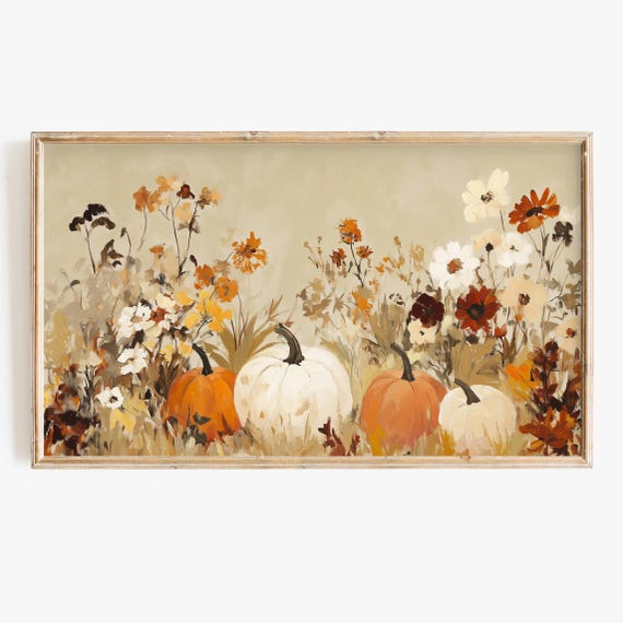 Fall Pumpkin Wildflower Painting, Autumn Floral Art Print