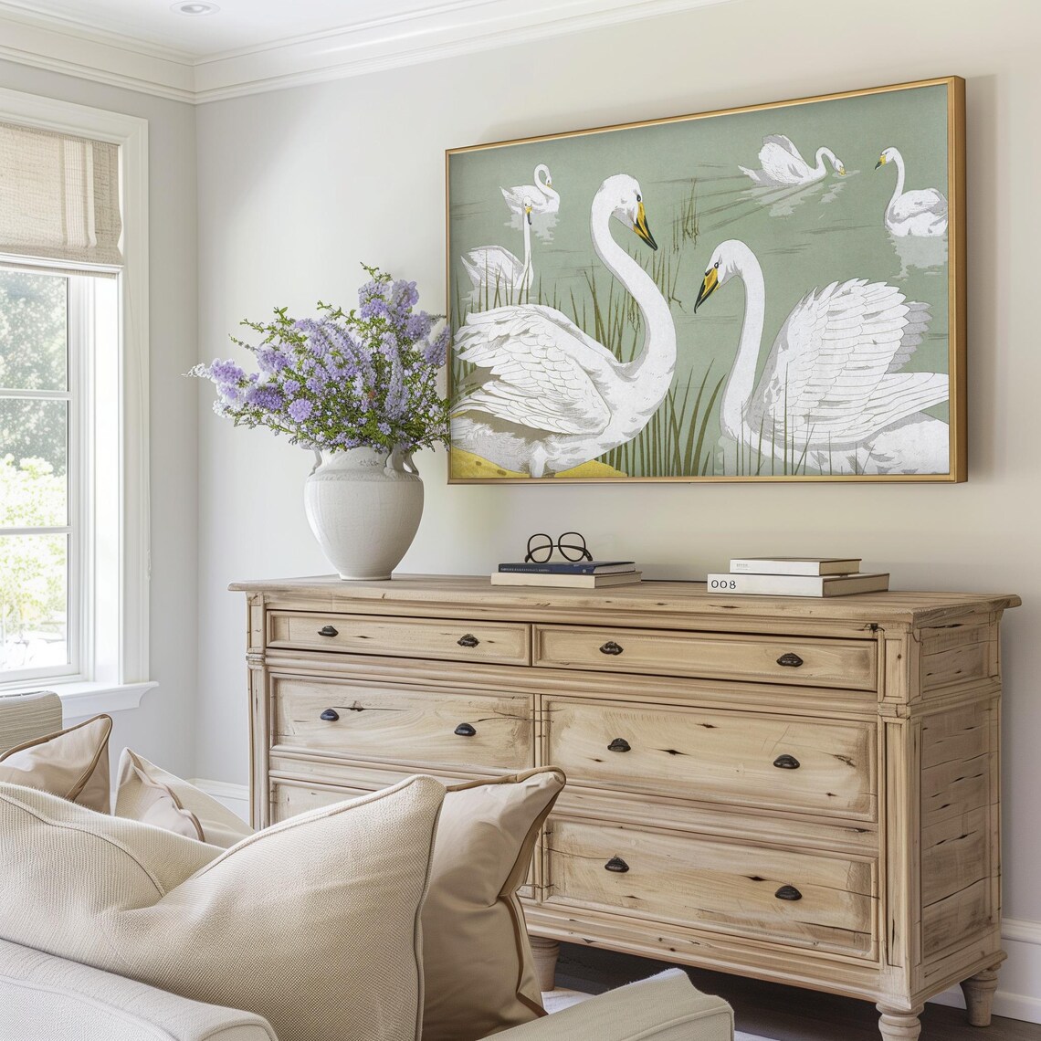 Vintage White Swan Illustration Reeds Sage Green Lake Art Poster - Image 5