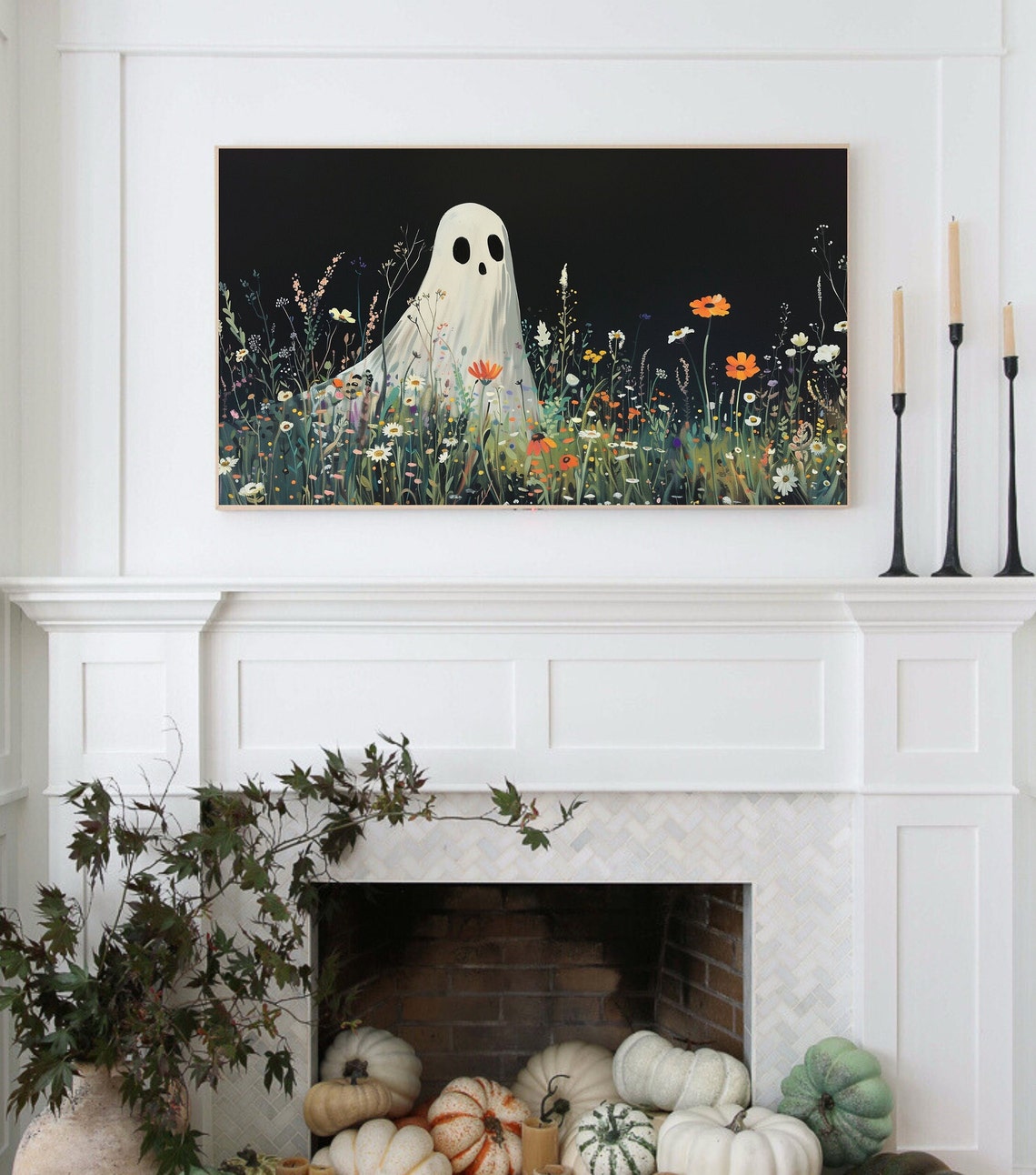 Halloween Frame Tv Art Cute Ghost Wildflower Painting Botanical Floral Cottagecore Boho Tv Art - Image 3