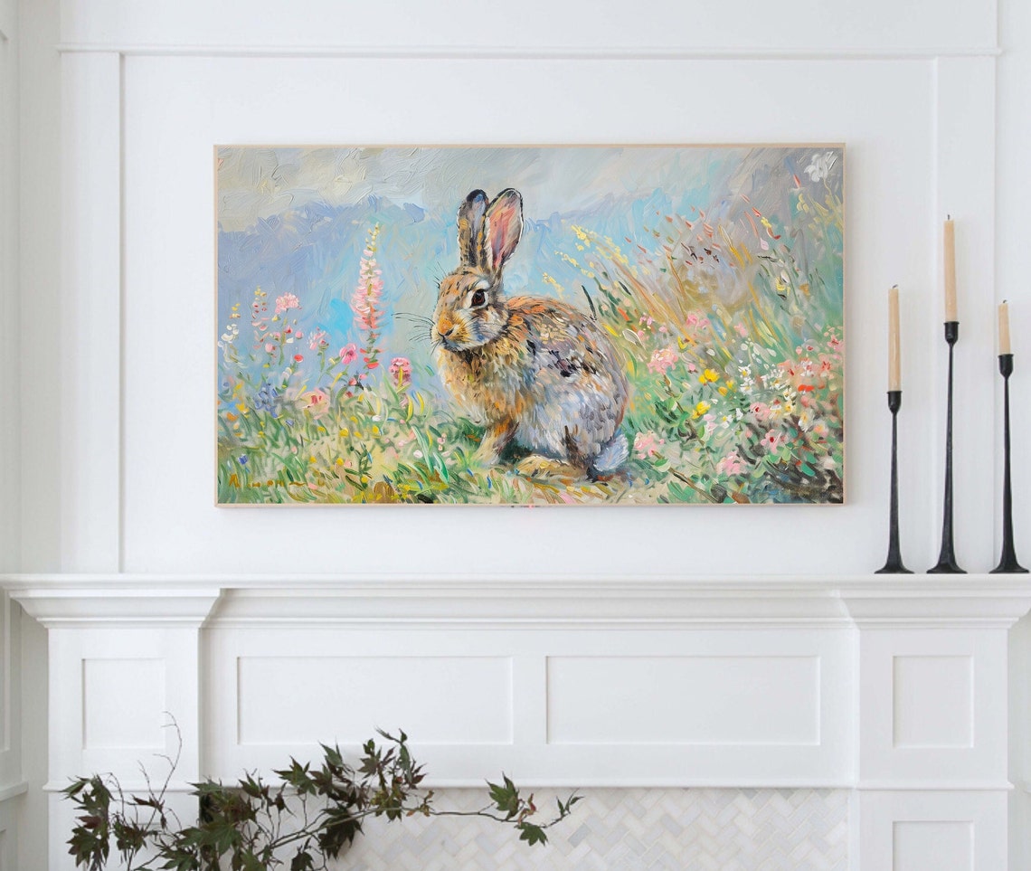 Colorful Bunny In Wildflower Meadow Impressionist Rabbit Art Poster - Image 6