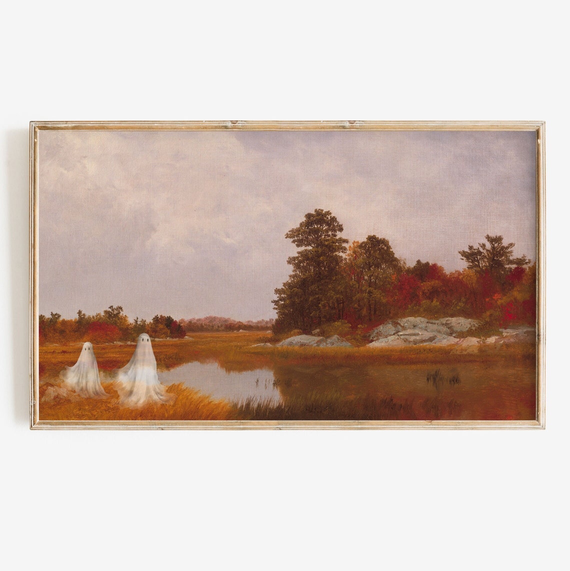 Two Ghosts Autumn Marsh Lake Vintage Spooky Fall Landscape Poster
