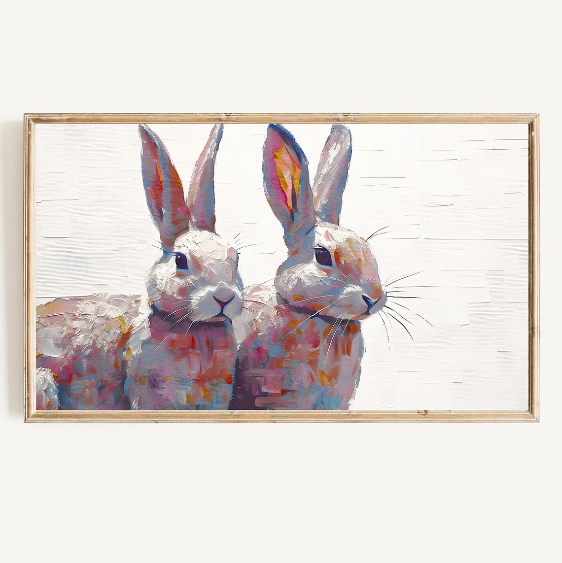 Two White Bunnies Close Up Colorful Textured Painting Poster