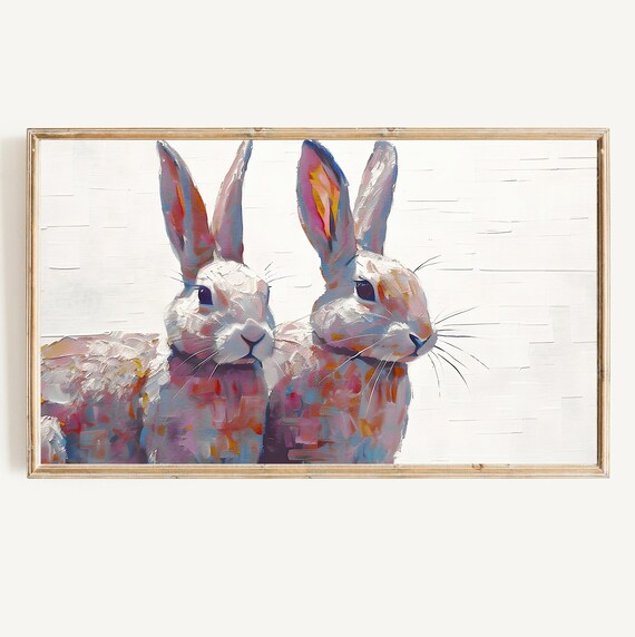 Two White Bunnies Close Up Colorful Textured Painting Poster
