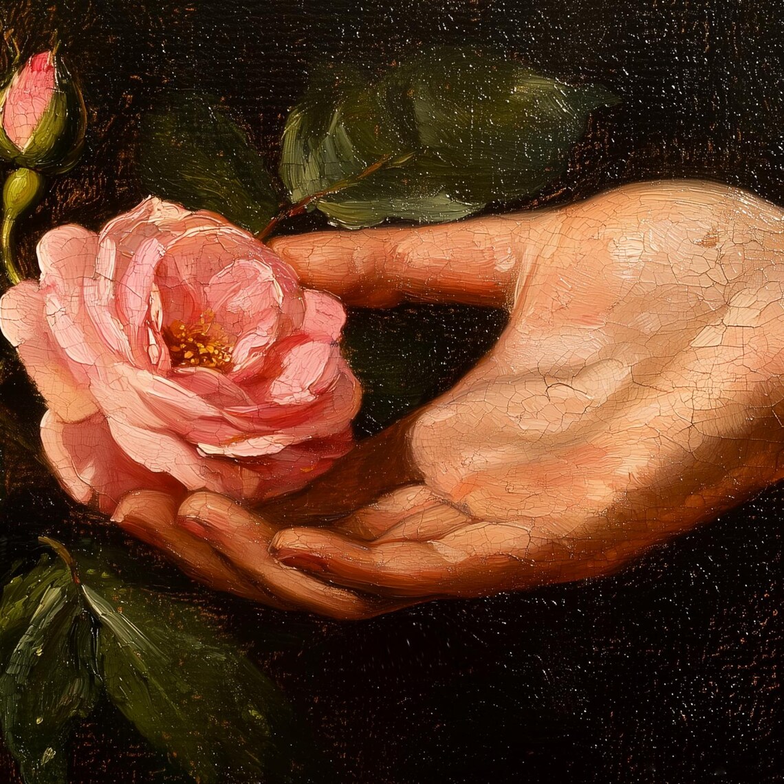 Hand Holding Pink Rose Dark Moody Vintage Floral Oil Painting Poster - Image 2