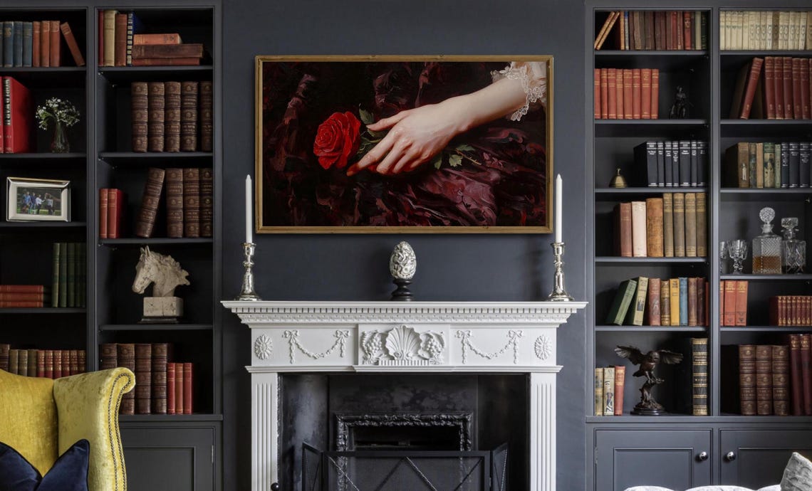 Hand Holding Red Rose On Dark Ground Moody Vintage Rose Art Poster - Image 3