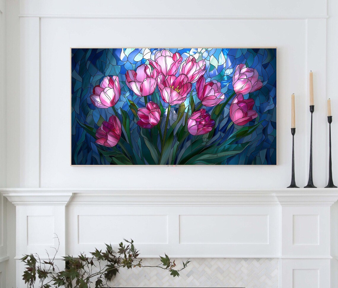 Pink Tulip Stained Glass Spring Blooms Blue Mosaic Glass Panel Poster - Image 4