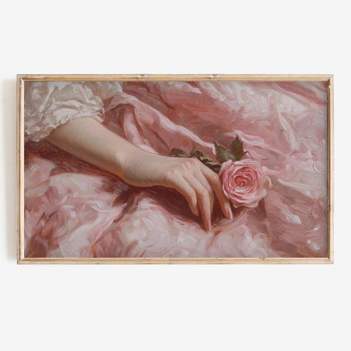 Hand Holding Pink Rose Over Ruffled Gown Coquette Spring Art Poster