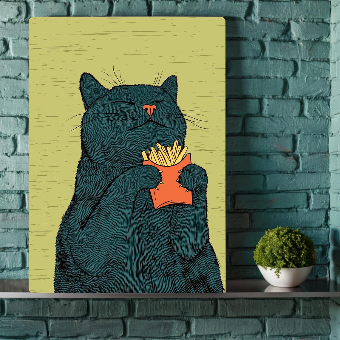 Black Cat Hugging French Fries Blissful Vintage Illustration Poster