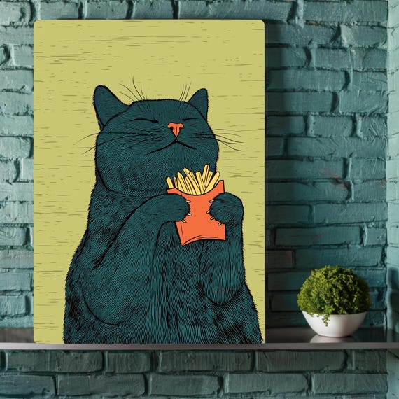 Black Cat French Fries Art Poster Kitchen Wall Decor Retro Vintage Quirky Illustration Lover Gifts For Lovers