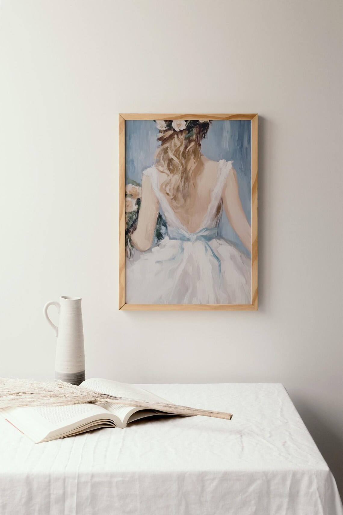 Bride From Behind With Blue Sash and Flower Crown Holding Bouquet Print - Image 2