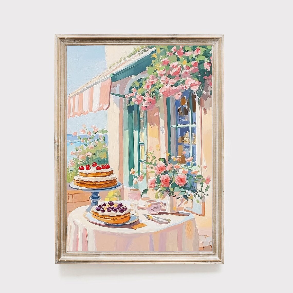French Cafe Terrace Painting with Cakes Roses and Striped Awning Print
