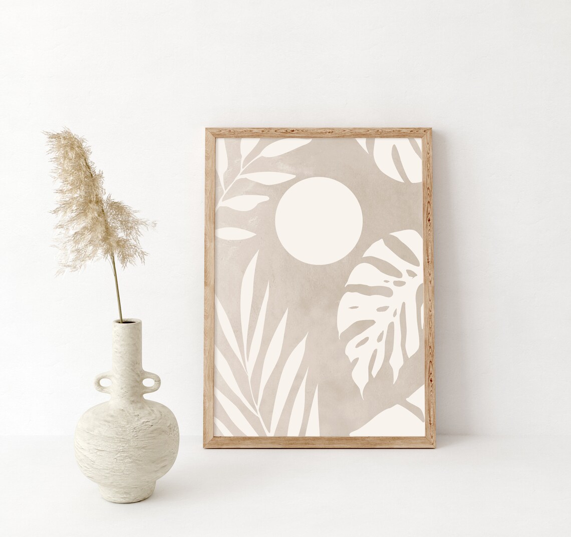 Beige Sun And Monstera Leaves Botanical Minimalist Tropical Art Poster - Image 3