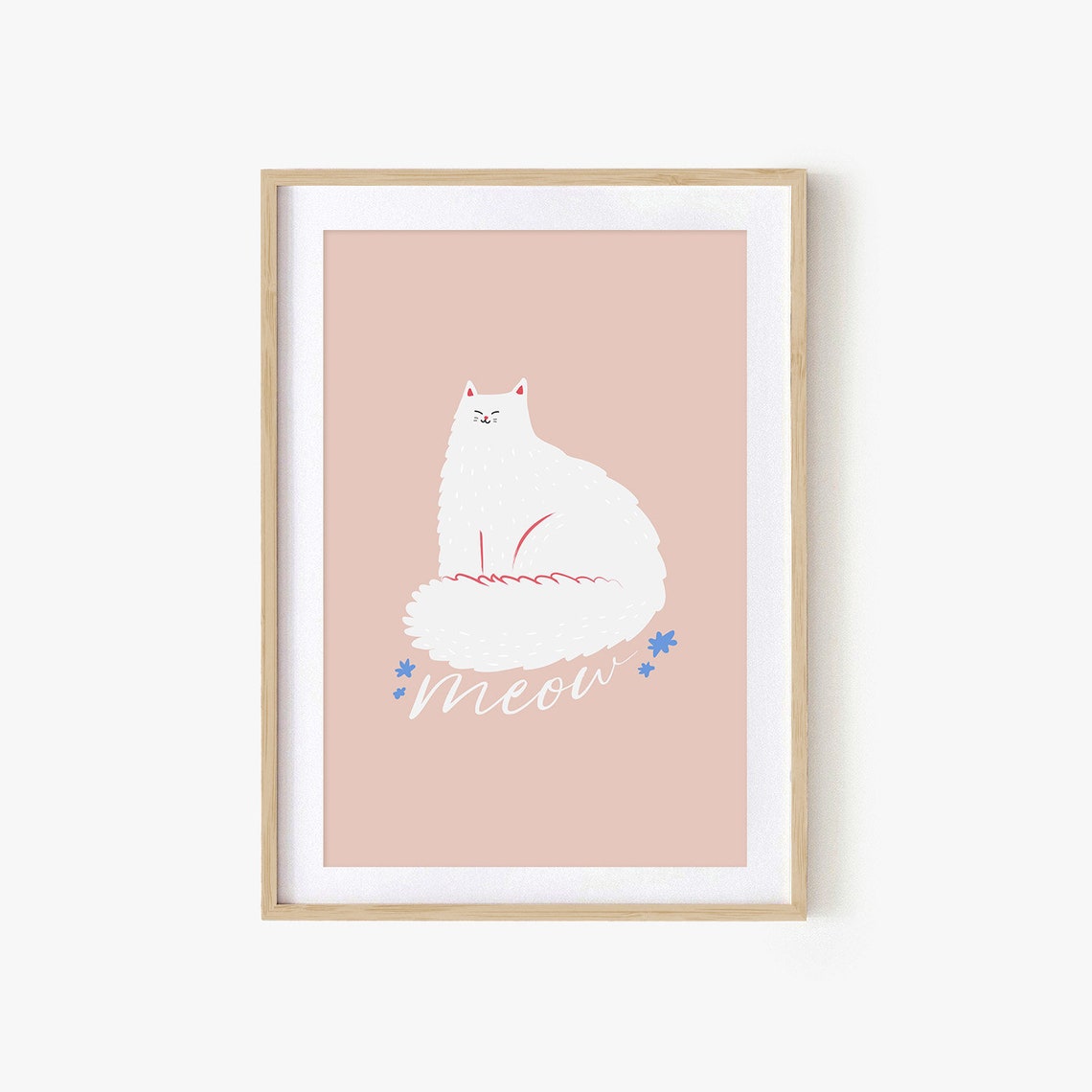 White Persian Cat Meow Cute Cartoon Pink Nursery Kitty Poster - Image 2