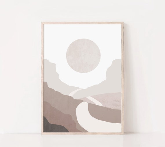 Mountain And Moon Print Landscape Wall Art Beige Moon Print Wall Art Modern Abstract Poster Minimalist Poster