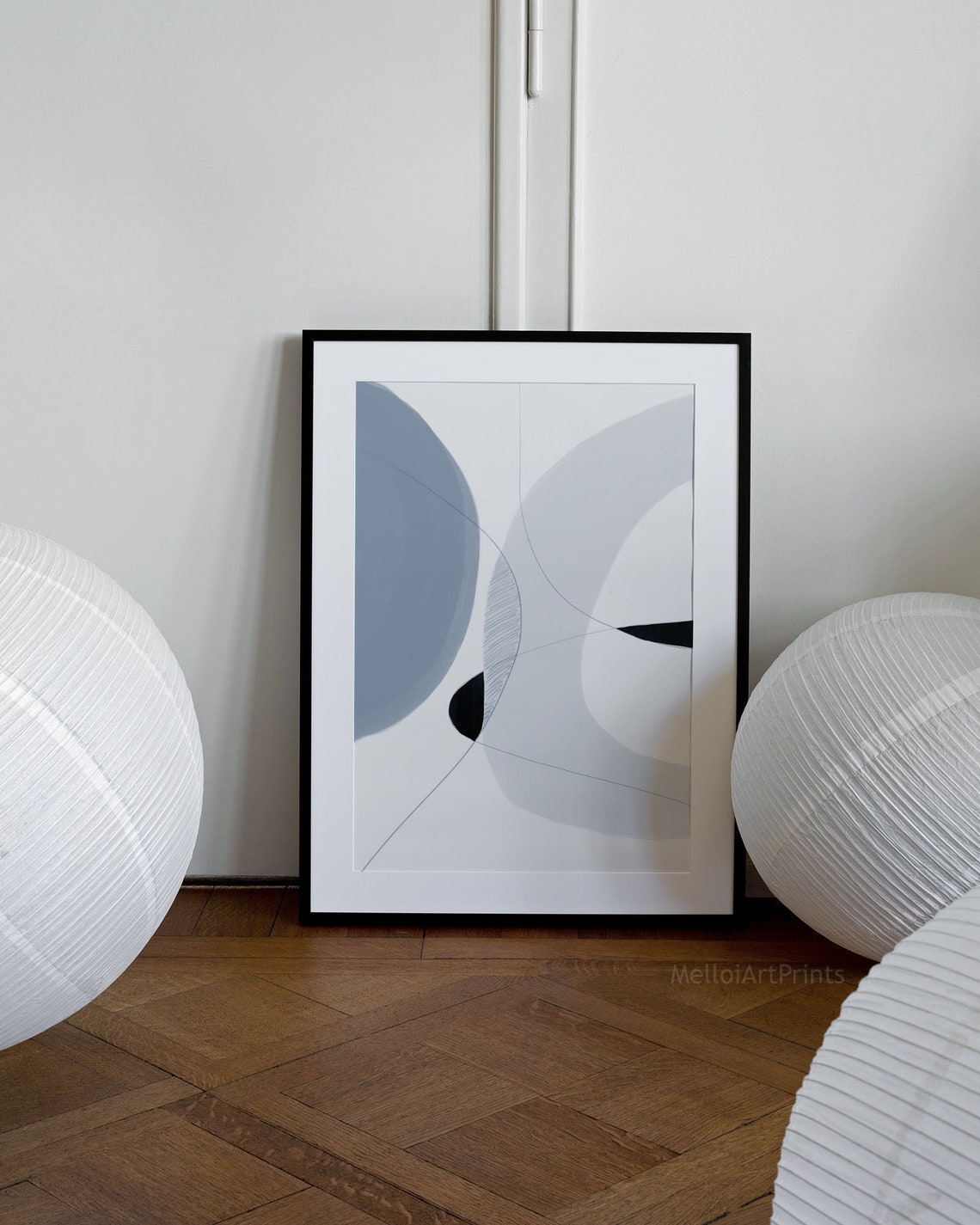 Painterly Blue Gray Abstract Circles Fine Line Modern Art Poster - Image 2