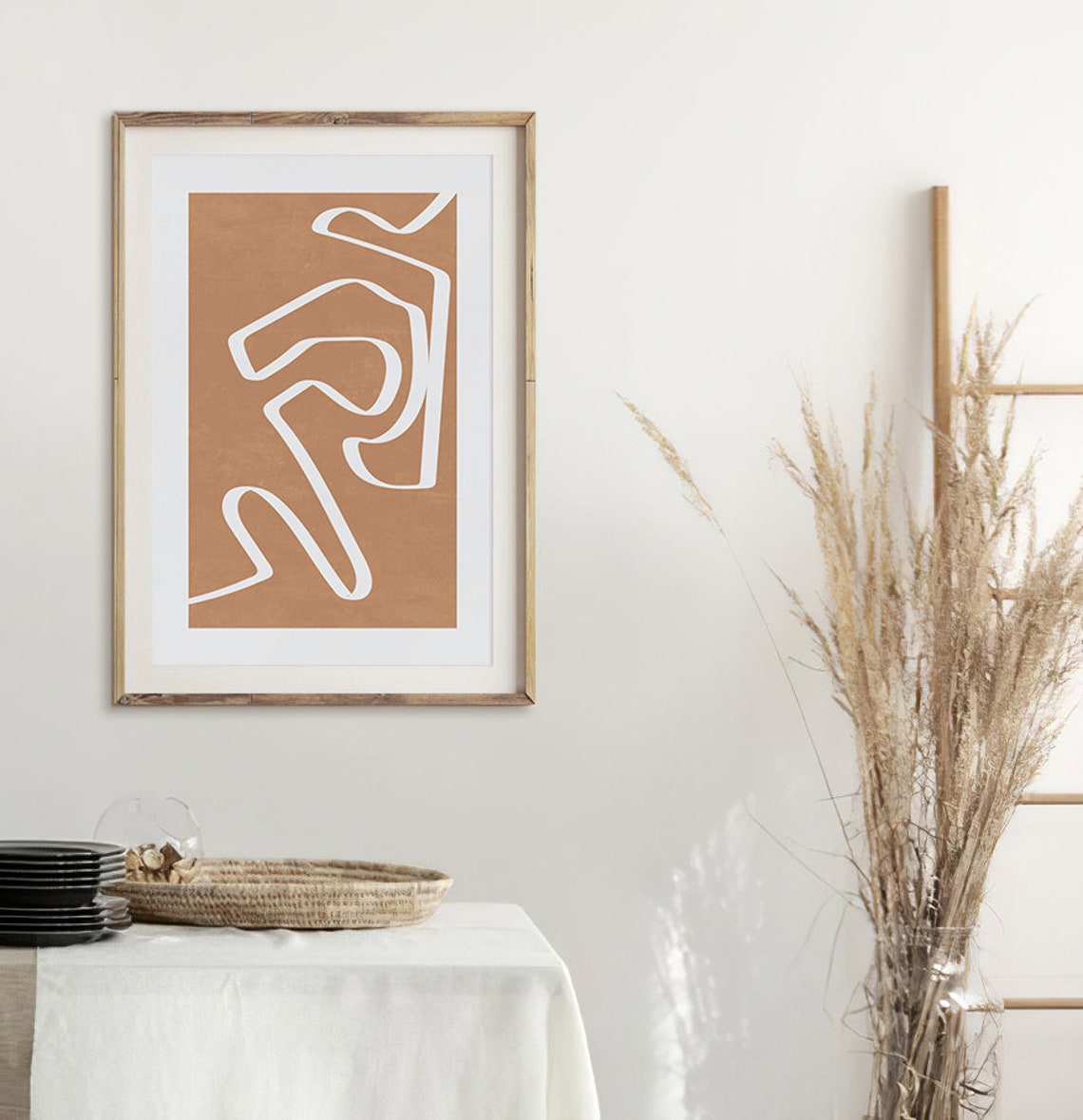 White Line Squiggle on Terracotta Minimalist Abstract Line Poster