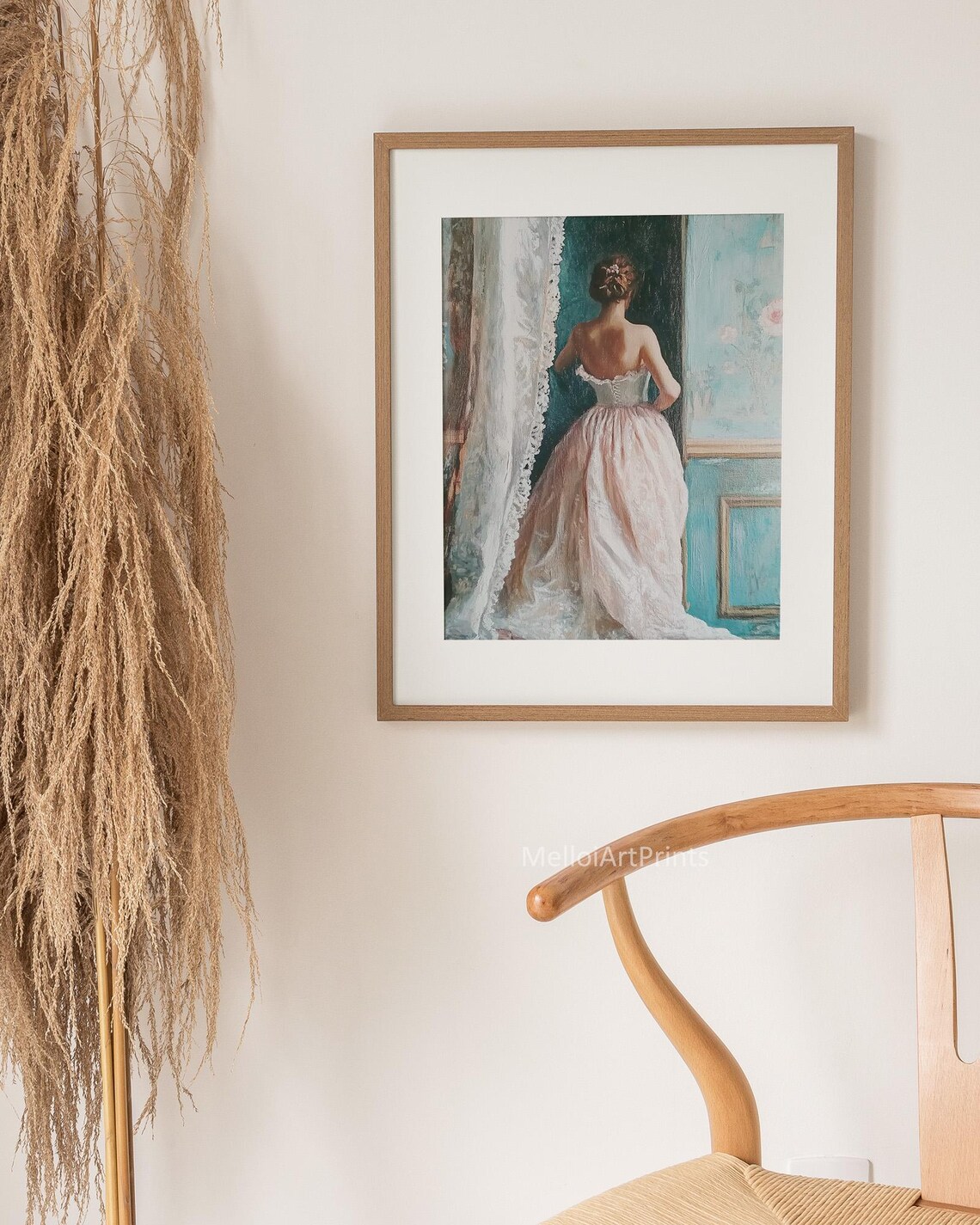 Woman in a Pink Corset Gown by a Lace Window Romantic Painting Poster - Image 3